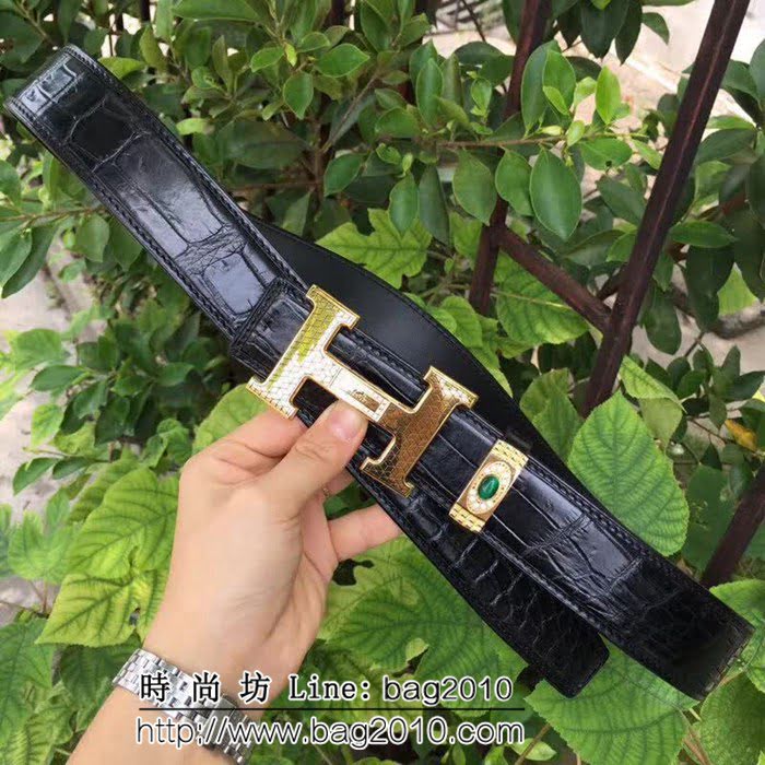 愛馬仕HERMES Hermes 純手工美洲鱷魚無拼接肚皮 高端男士皮帶 HHG1346